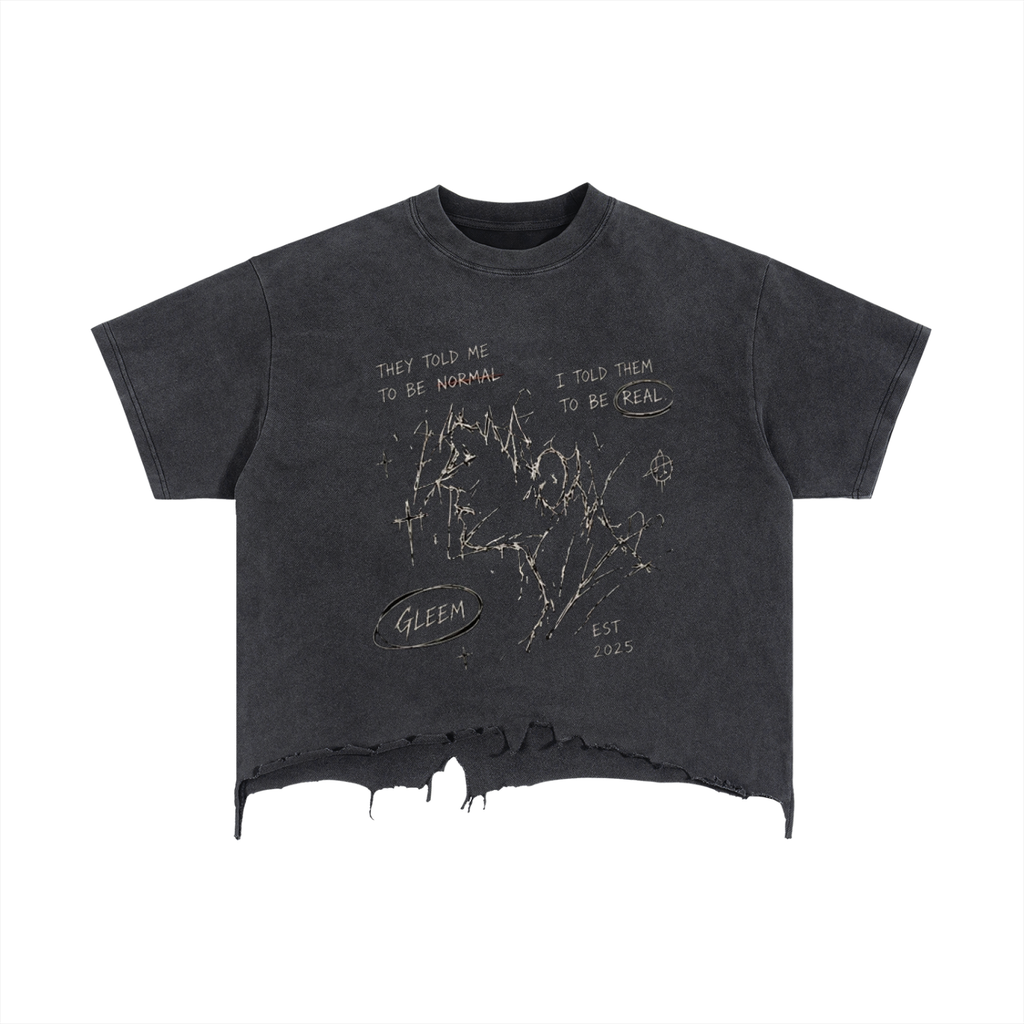 GLEEM #001 Vintage Wash Boxy Distressed Hem T-Shirt