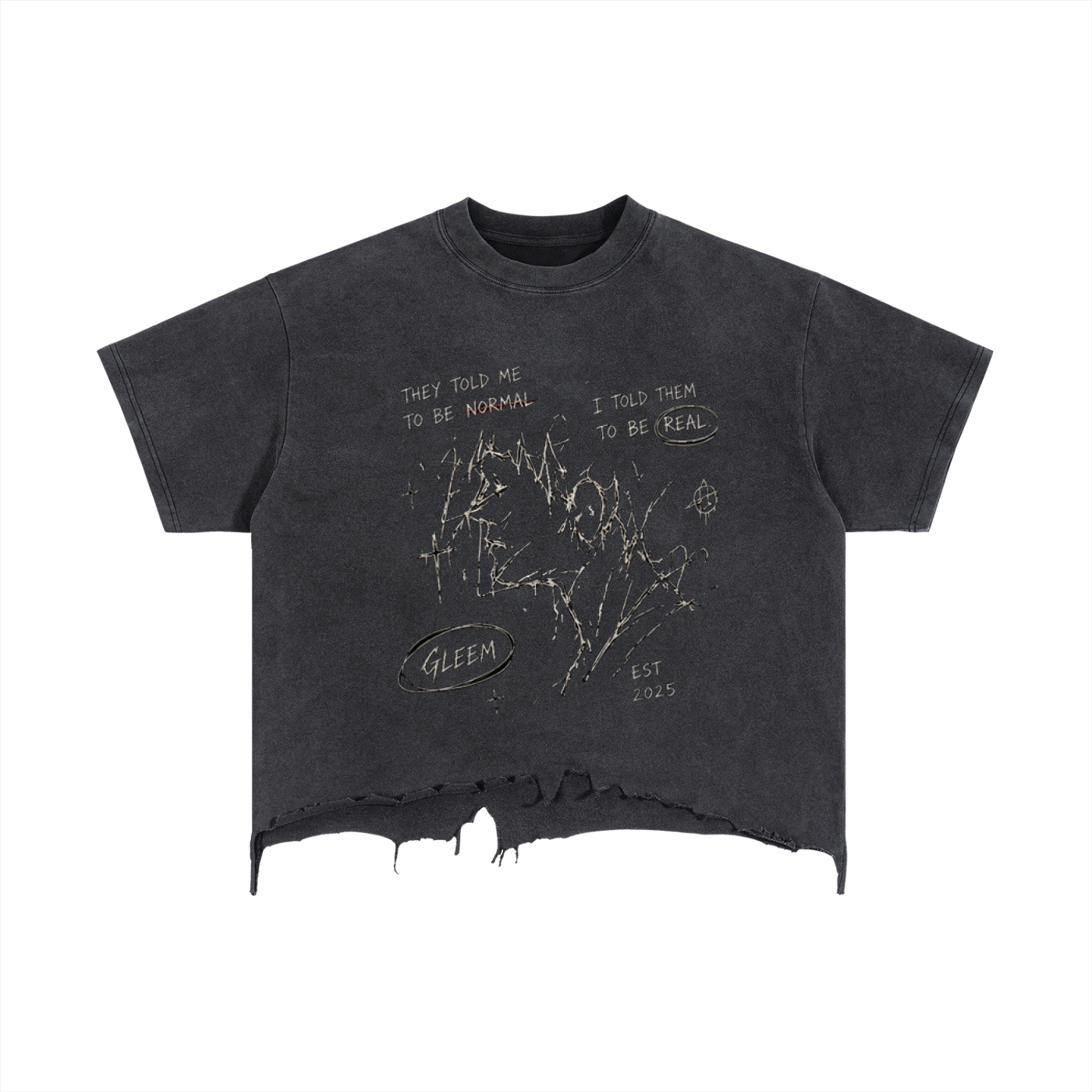 GLEEM #001 Vintage Wash Boxy Distressed Hem T-Shirt